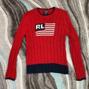 RALPH LAUREN Red Ribbed Flag Sweater Small